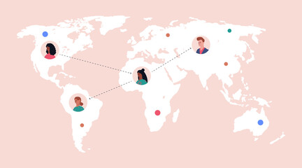 Sticker - Map with character icons. Illustration of people sharing data, links, photos, posts and news in social networks. Colorful flat vector illustration.
