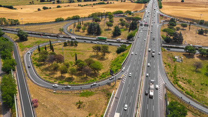 Aerial view of the Great Ring Junction in Rome, Italy. It's a long orbital motorway that encircles the city.