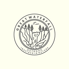 Wall Mural - great waterfall with linear and emblem style logo icon template design. tree, nature, outdoor, vector illustration