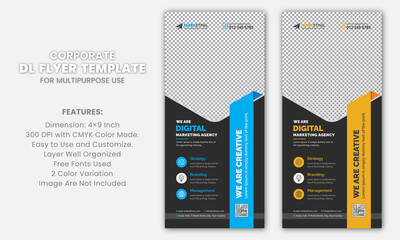 Wall Mural - Blue and Yellow Modern Clean Corporate Business DL Flyer Rack Card Template Design with Black Background