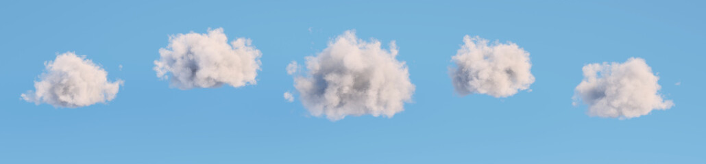 Wall Mural - white cumulus clouds set isolated on blue background. 3d render. 3d illustration.