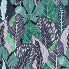 Wall Mural - Seamless pattern with tropical beautiful leaves exotic background.