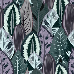  Seamless pattern with tropical beautiful leaves exotic background.