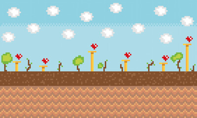 Sticker - Colored pixelated videogame scenary with trees and flowers Vector