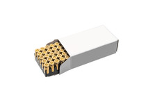 A Box Of Cartridges For A Pistol. Ammunition For Weapons. Isolate On A White Back.