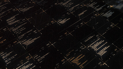 Changing program codes in matrix. Animation. Source codes in software cell of matrix. Many program codes and keys change in digital computer space