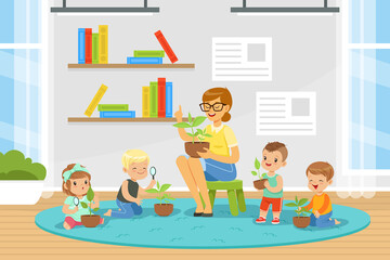 Sticker - Little Children with Female Teacher Having Botany Lesson Examining Plant in Flowerpot Sitting on Floor During Class Vector Illustration