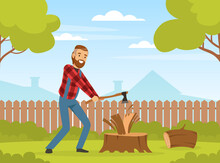 Bearded Man Lumberjack Or Woodman In Red Checkered Shirt With Ax Cutting Wood Vector Illustration