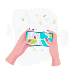Wall Mural - Hands holding a phone or tablet. Phone with map and marker. Mobile gps navigation and path tracking concept. The woman is holding a phone in her hand. Vector illustration.