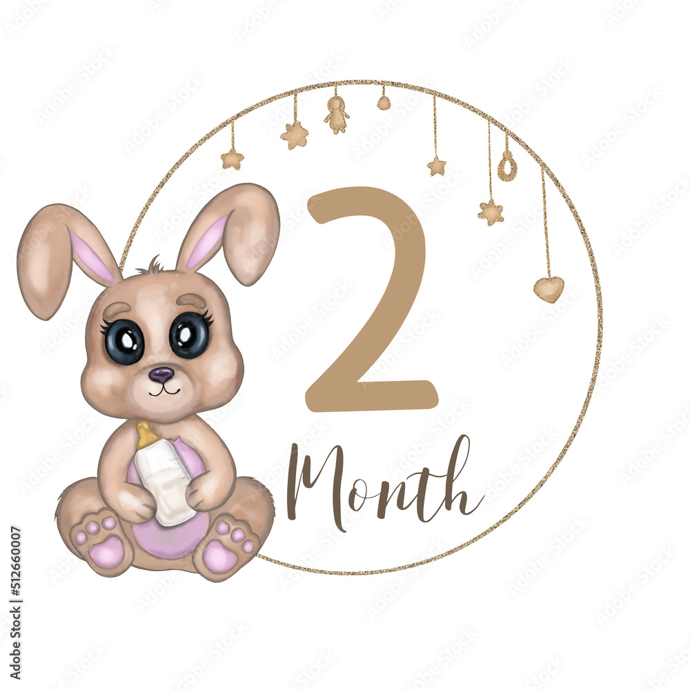 Cute baby girl bunny with milk bottle. Hand drawn watercolor rabbit ...