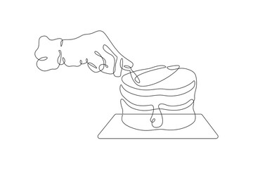 One continuous line.The confectioner prepares sweets. The baker makes a cake. Pastry. Confectionery.The chef cuts the meat. The hands of the cook. One continuous line is drawn on a white background.