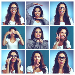 Canvas Print - The many faces of me. Composite shot of an attractive young woman making various facial expressions against a blue background.