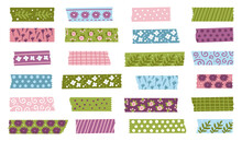 Colored Decorative Spring Tape Mini Washi Sticker Decoration. Set Of Colorful Floral Patterned Washi Tape Strips And Pieces Of Duct Paper. Vector Illustration