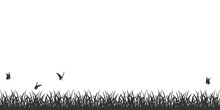 Grass Black Silhouette Border With Butterflies. Vector Illustration Of Seamless Lawn Isolated On White.