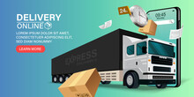 Parcel Tracking App. 
Delivery Truck With Cargo Box Is On A Mobile Phone. Online Parcel Inspection Concept.Online Delivery Transport Logistics Service. Warehouse Factory Express Delivery Box.