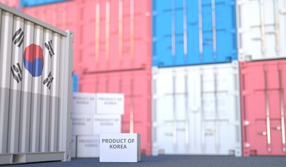 Carton with PRODUCT OF KOREA text and many containers, 3D rendering