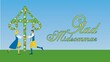 © Eva Almqvist - Greeting banner or card with text in Swedish (Sweden) Glad Midsommar, means Happy Midsummer. People dancing around maypole, in Sweden called Midsommarstång.