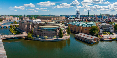 Wall Mural - Aerial panoramic view of the old Town, Gamla Stan, in Stockholm. Beautiful Sweden during summer time.