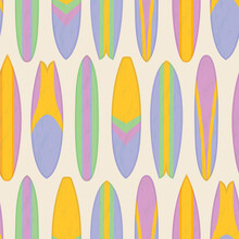 Surfboard Seamless Vector Pattern. Colorful Summer Design With Purple, Yellow And Green Board Illustrations. Fun, Repeat Surface Pattern With Vintage Retro Texture. 