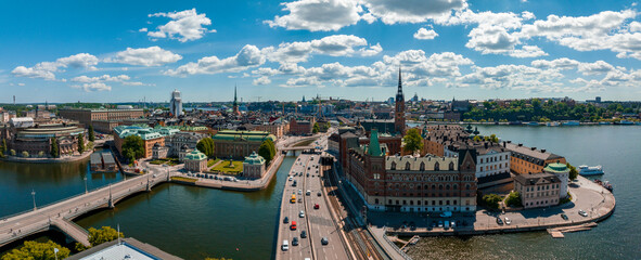 Wall Mural - Aerial panoramic view of the old Town, Gamla Stan, in Stockholm. Beautiful Sweden during summer time.