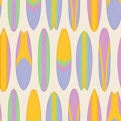 Wall Mural - Surfboard seamless vector pattern. Colorful summer design with purple, yellow and green board illustrations. Fun, repeat surface pattern with vintage retro texture. 