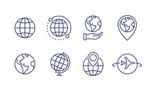 World Globe Line Icon. Vector Earth Global Country Map Planet Line Icon. Travel Internet Globe Set