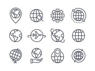 Wall Mural - World globe line icon. Vector Earth global country map planet line icon. Travel internet globe set