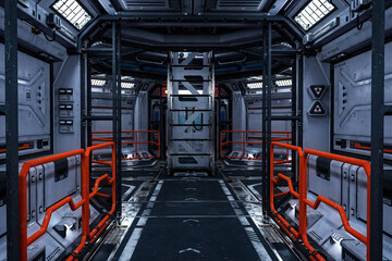 Wall Mural - futuristic space station or star ship interior corridor leading to intersection with ladder to upper