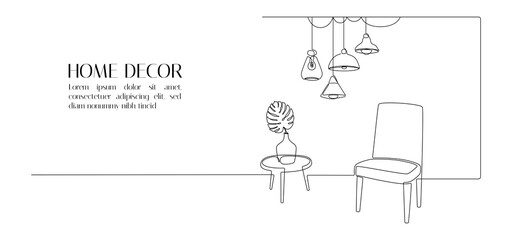 Poster - One continuous line drawing of chair and table with vase and plant. Modern scandinavian and loft furniture armchair in simple linear style. Editable stroke. Doodle vector illustration