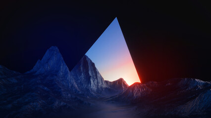 Wall Mural - 3d render, abstract futuristic landscape, panoramic background. rocky mountains under the sunset sky