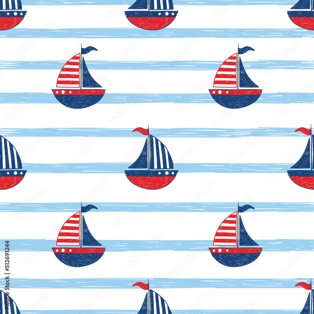 Seamless sea pattern with cute cartoon sailing boats. Vector marine ...