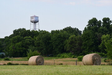 Wall Mural - Hay Bales in a Farm Field with a Water Tower in the Background