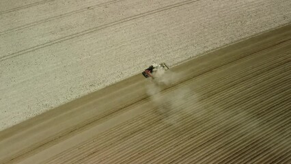 Wall Mural - Aerial view of farmer plowing in the fields with dust in the Netherlands