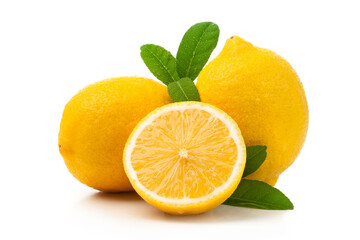 Wall Mural - lemon fruit and half slice with leaves on white background.