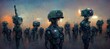 Military artificial intelligence arms race to produce an AI enabled army with autonomous robot soldiers and weapon systems, conceptual illustration