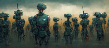 Military Artificial Intelligence Arms Race To Produce An AI Enabled Army With Autonomous Robot Soldiers And Weapon Systems, Conceptual Illustration