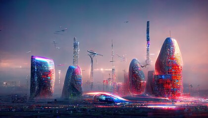 Smart city architecture digital IOT connected buildings and network infrastructure technology, conceptual illustration