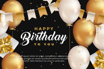 luxury happy birthday greeting template with balloon, birthday flag and glitter