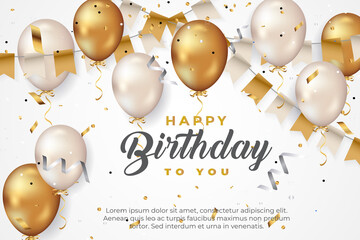 luxury happy birthday greeting template with balloon, birthday flag and glitter