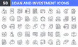 © Gofficon - Loan and Investment Plan vector line icon set. Contains linear outline icons like Credit, Rate, Interest, Payment, Bill, Business Finance, Increase, Decrease, Bank, Money. Editable use and stroke.