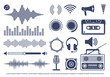 Flat vector icon set - music vector, radio, speaker, settings, equalizer, volume control, loudspeaker, cassette tape, microphone, earphones