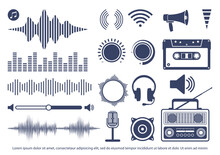 Flat Vector Icon Set - Music Vector, Radio, Speaker, Settings, Equalizer, Volume Control, Loudspeaker, Cassette Tape, Microphone, Earphones