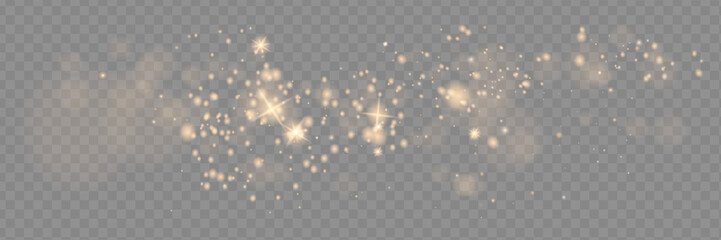 The dust sparks and golden stars shine with special light. Vector sparkles on a transparent background. Christmas light effect. Sparkling magical dust particles.