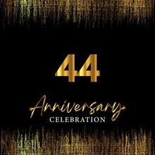 44 Years Anniversary Celebration With Gold Texture Borders And Gold Number On Black Background. Design For Happy Birthday, Wedding, Greetings, Jubilee, Award. 44th Happy Anniversary.