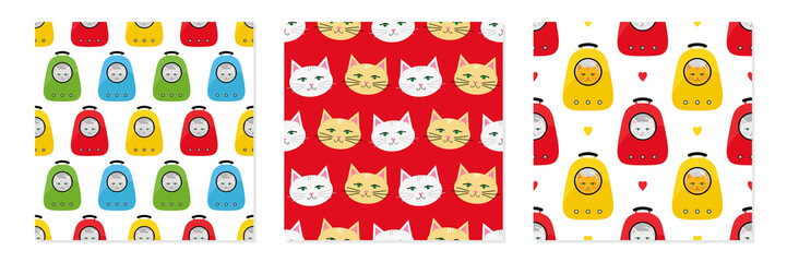 Wall Mural - Set, collection of three vector seamless pattern backgrounds with  colorful rucksack bags, backpacks, pet carrier and cats.