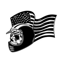 Racer Skull On Usa Flag Background. Biker Skull. Design Element For Poster, Card, Banner, Sign. Vector Illustration