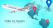 © ZeinousGDS - Travel time vector background design. Time to travel text with airplane flight in different worldwide location for enjoy around the world travelling. Vector illustration.