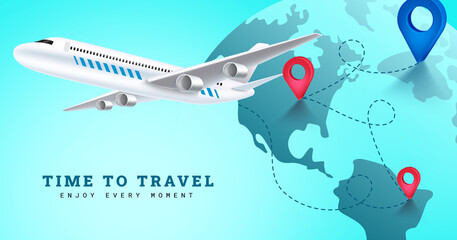 Wall Mural - travel time vector background design. time to travel text with airplane flight in different worldwid