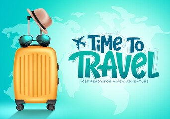 travel time vector background design. time to travel text with 3d luggage bag, sunglasses and hat to