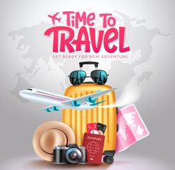travel time vector concept design. time to travel text in map background with luggage, airplane and 